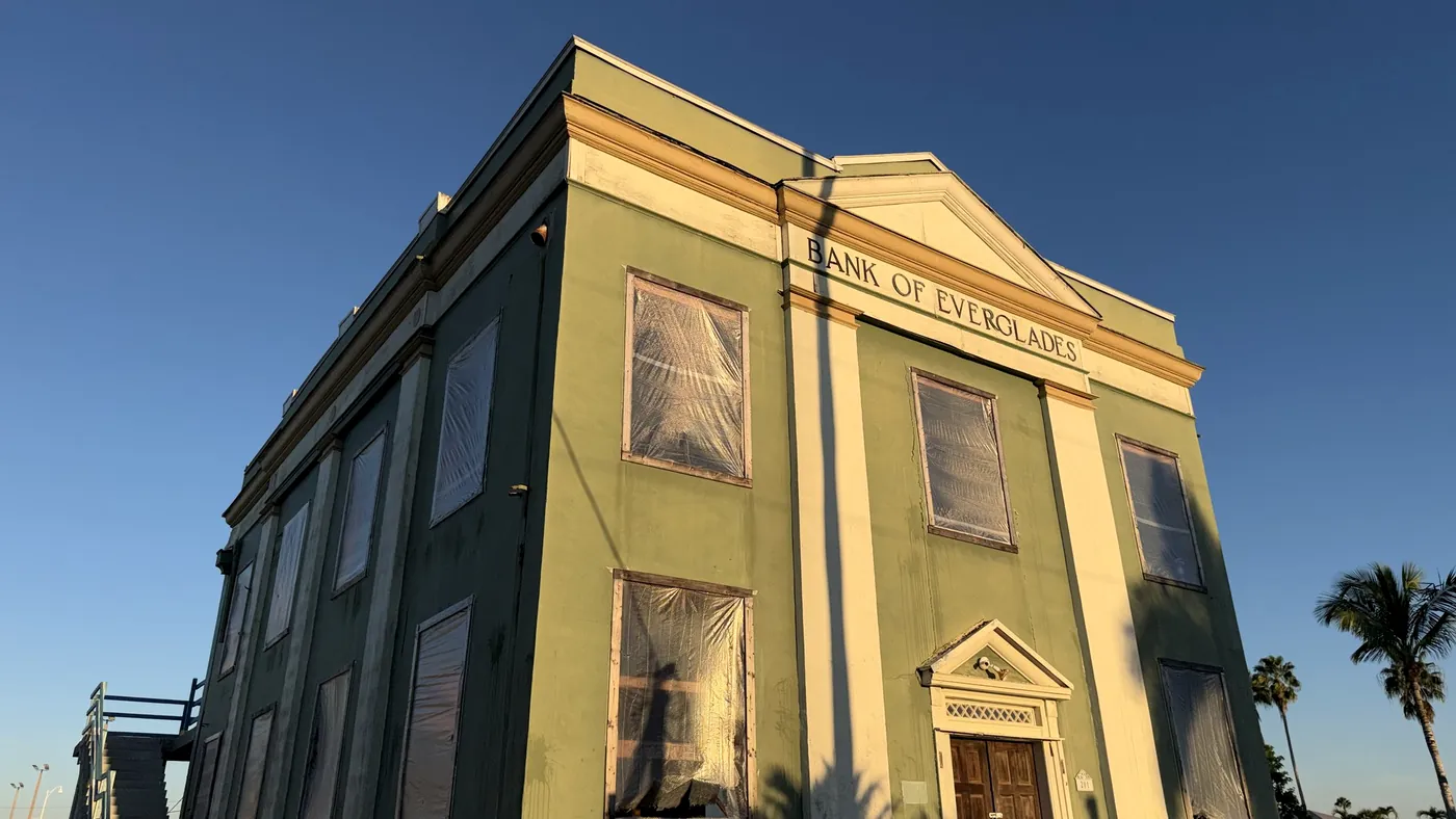The 1927 Bank of Everglades in Everglades City, windows wrapped for its restoration