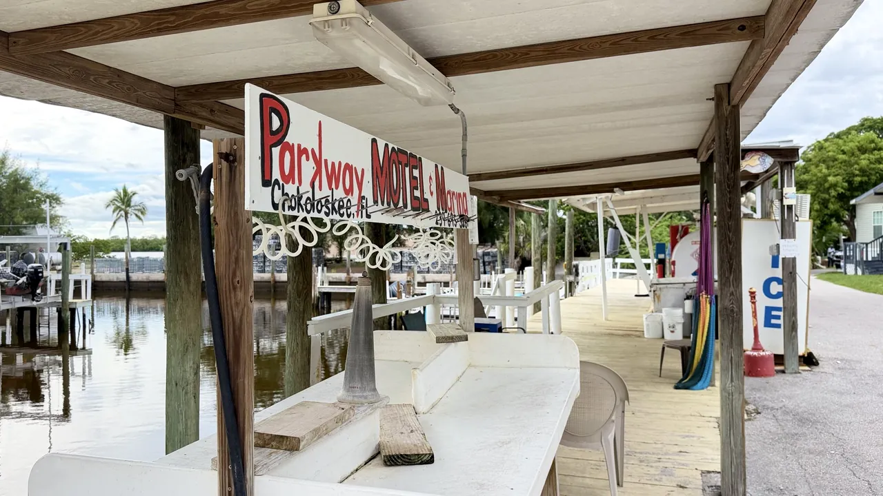 The Parkway Motel sign hanging over the dock